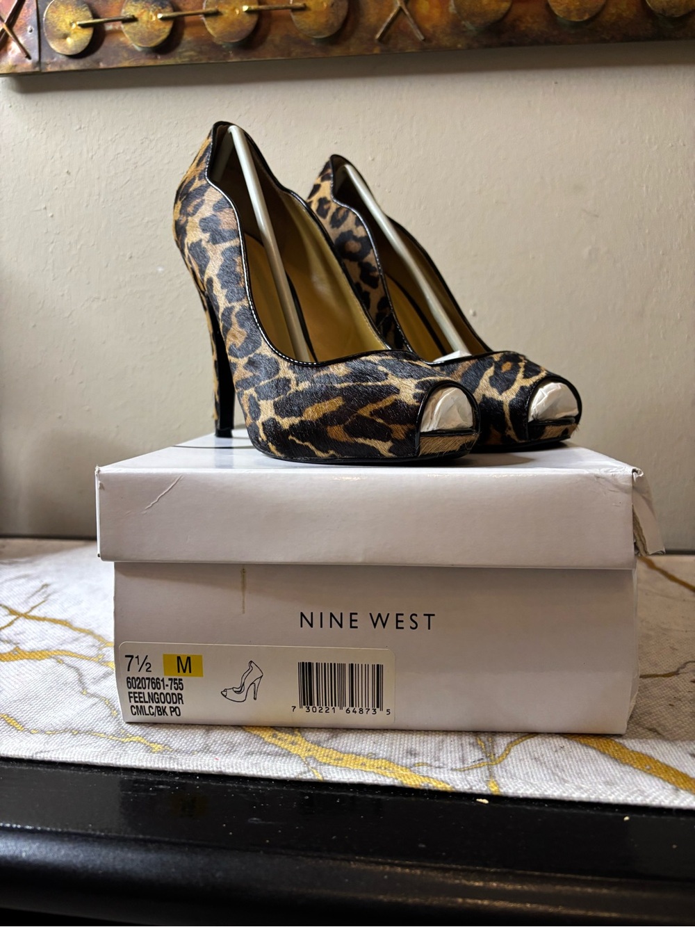 Nine West Leopard Print Peep-Toe Heels with Metallic Accents